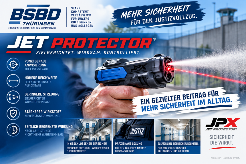 ChatGPT-Bild 29. Sept. 2026, 11_21_52 Jet Protector im Thüringer Justizvollzug – BSBD sieht deutlichen Mehrwert für die Eigensicherung